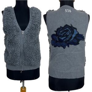 Odd Molly Gray Shag Sweater Vest with Floral Detail‎